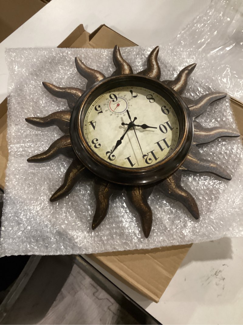 Condition photo showing Good Condition for sun outdoor clock with thermometer - silent non-ticking retro decorative wall clock, waterproof for patio, garden, pool, bathroom, kitchen - 13 inch, bronze 13 bronze
