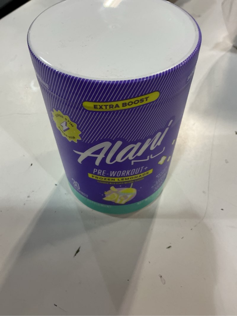 Condition photo showing New/Like New for (EXP:11/2027)Alani Nu Pre Workout+ Powder Frozen Lemonade, Extra Boost, Sugar Free, 300mg Caffeine, L-Theanine, Beta-Alanine, Citrulline, 30 Servings FROZEN LEMONADE 13.8 Ounce (Pack of 1)