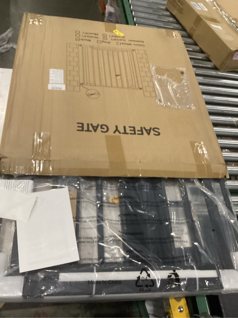 Condition photo showing New/Like New for 29.7-46" baby gate for stairs with banister adapter y-spindle rods, 30.5" tall, easy-install pressure mounted baby gate for doorways, auto-close dog gate indoor for child and pets black 29.7-46"w x 30.5"h