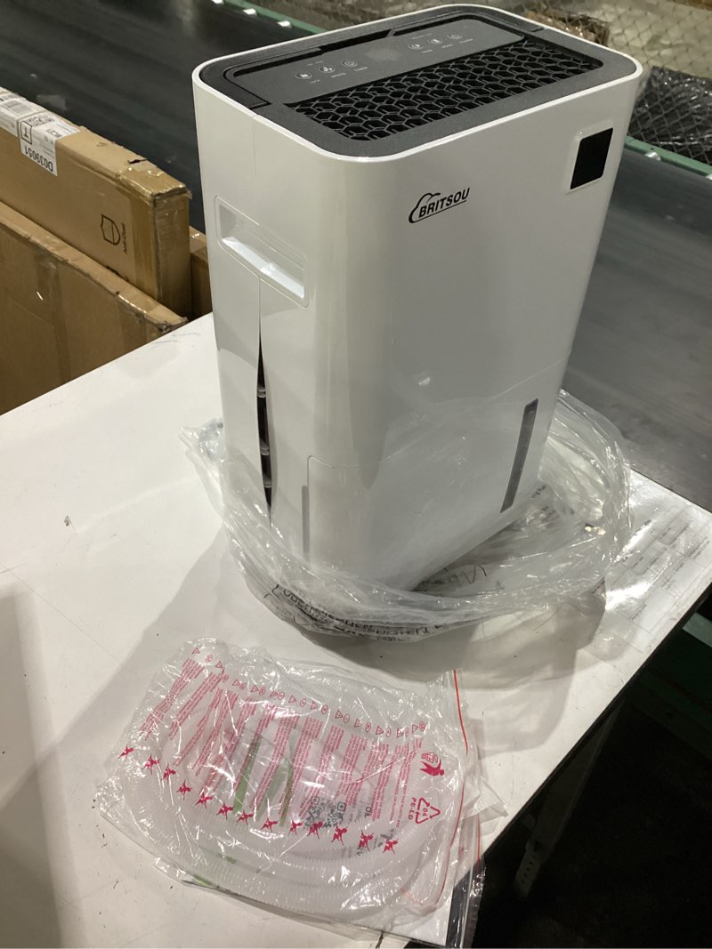 Condition photo showing As Is for 34 pint dehumidifier for basement with drain hose & 0.66 gallon water tank, manual & auto drainage, smart quiet dehumidifiers for home with auto shut off, 24hr timer 34 pints