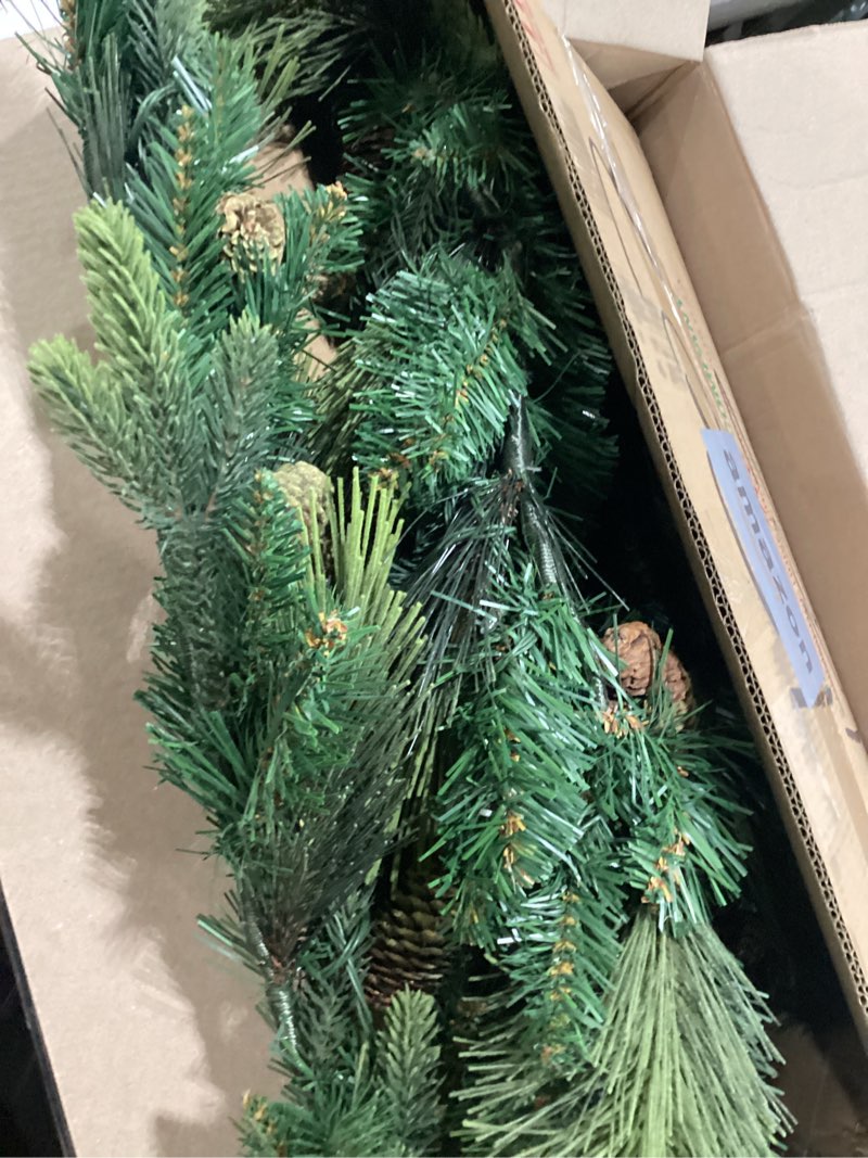 Condition photo showing New/Like New for national tree company 9 ft pre-lit carolina pine artificial christmas garland, christmas decoration with pinecones, 100 warm white led lights, 240 tips, timer, green battery operated tree