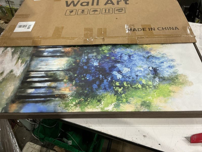Condition photo showing Good Condition for framed vertical colorful forest living room wall art, large tree & path picture artwork for walls, farmhouse landscape vertical canvas print for office kitchen foyer stair hallway wall decor, 20x40 in 40"l x 20"w forest & path
