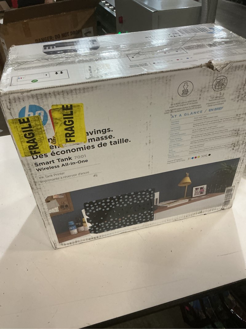 Condition photo showing As Is for hp smart tank 7001 wireless all-in-one ink tank printer, scanner, copier with 2 years of ink included, best-for-home office, cartridge-free refillable, ai-enabled (28b49a)