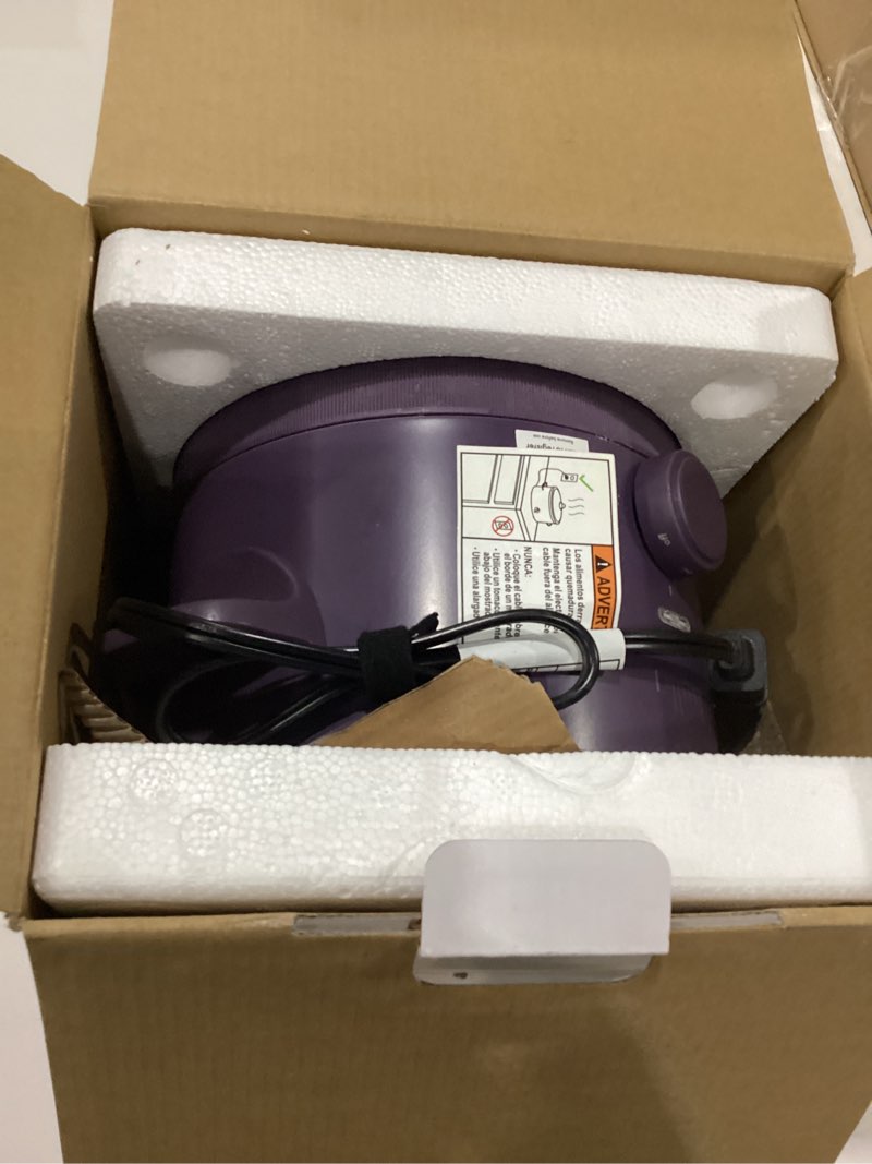 Condition photo showing Good Condition for used bella 1.5 qt slow cooker with 3 heat manual control, ceramic nonstick coating, dishwasher safe stoneware pot and tempered glass lid, tangle free cord wrap & cool touch handles, plum