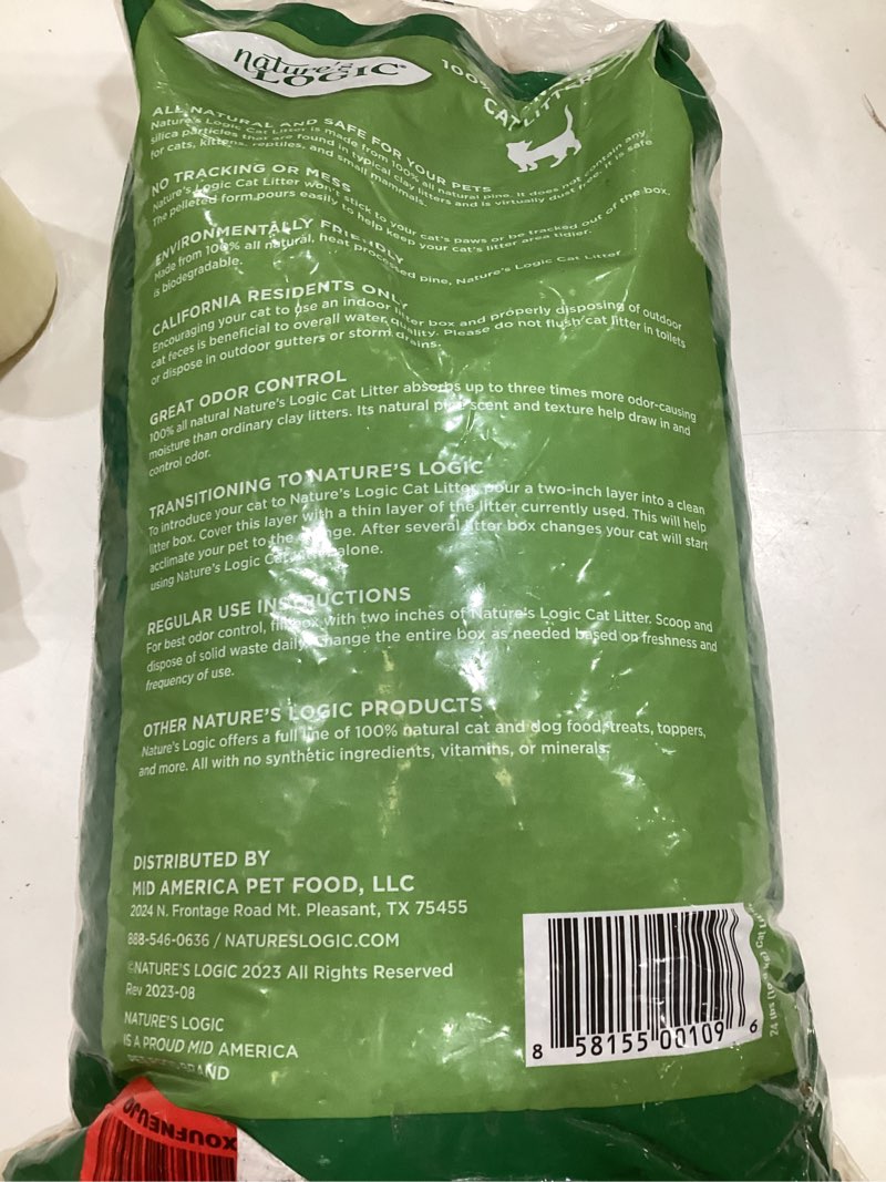 Condition photo showing Good Condition for Nature's Logic 100% Natural Pine Pellet Cat Litter - 100% Ponderosa Pine, Dust-Free, Unscented, Biodegradable - Safe for Cats, Kittens, Reptiles & Small Pets - Highly Absorbent - 24 lb Bag