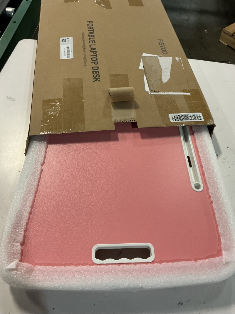 Condition photo showing New/Like New for foldable laptop table, portable lap desk bed table tray, laptop stand with cup holder & tablet slot & lifting handle for working writing drawing & eating (pink)