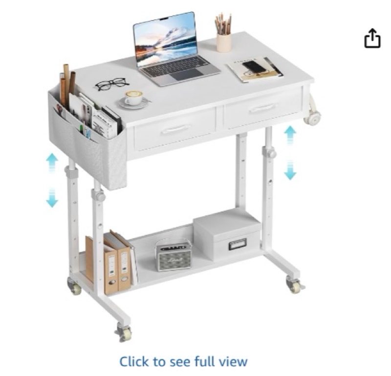 rolling standing desk adjustable height with drawers, 40 inch mobile stand up portable desks on wheels for bedroom home office, couch sofa side laptop table with storage, black 39.5" white 