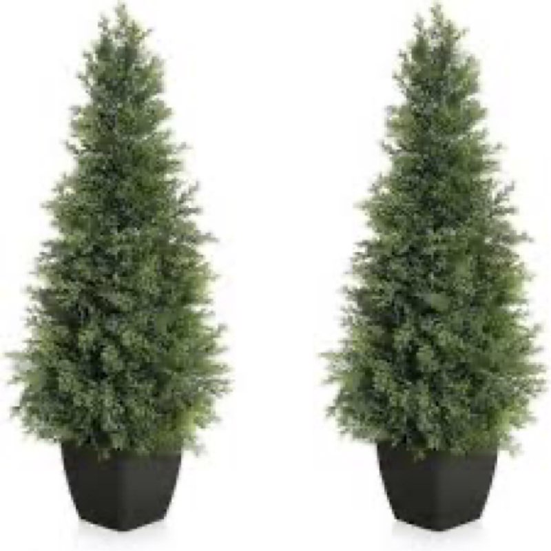 Hananona 2 Pcs 4 Ft Artificial Topiary Cedar Trees, Outdoor Faux Pine Shrubs, Realistic Fake Greener