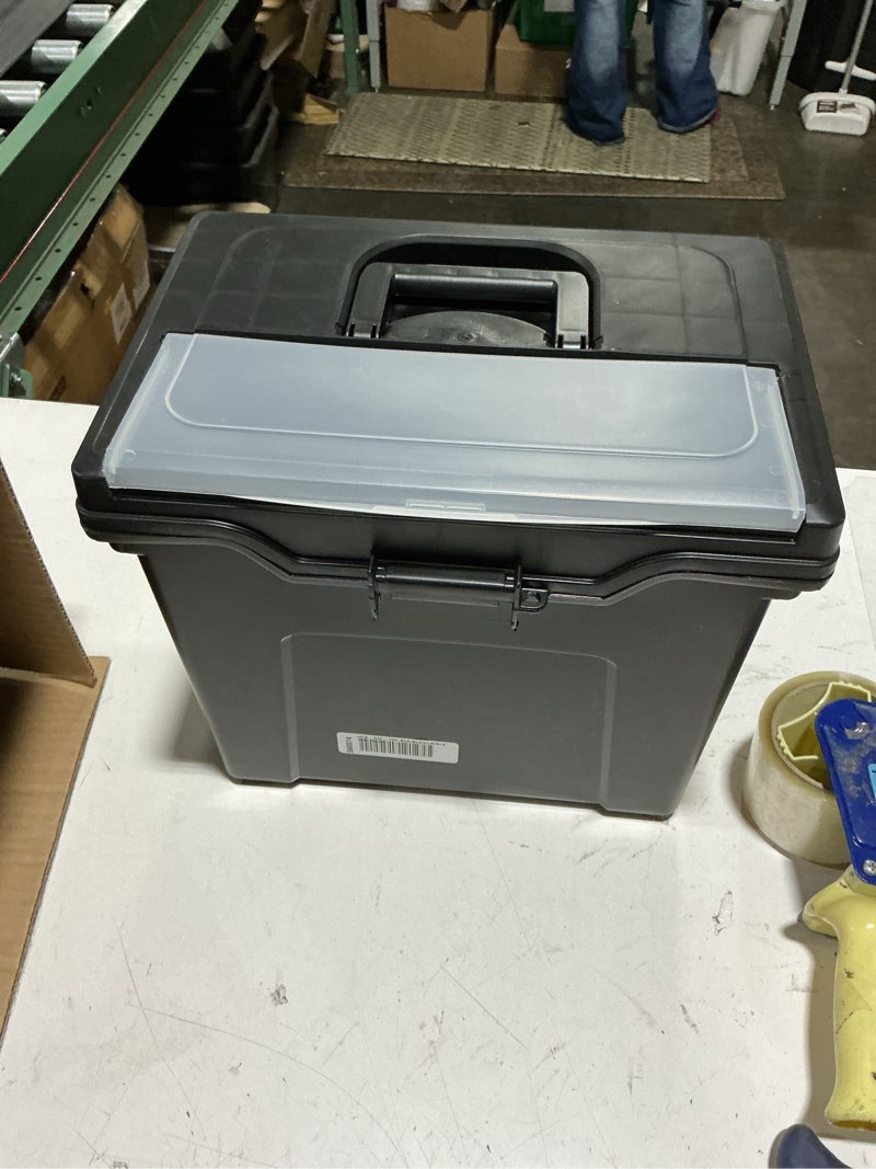 Condition photo showing New/Like New for iris usa file box with lid file organizer for letter file w/organizer-lid, plastic mobile filing organizer, water resistant document box, portable file box with handle, secure buckle, lockable, black
