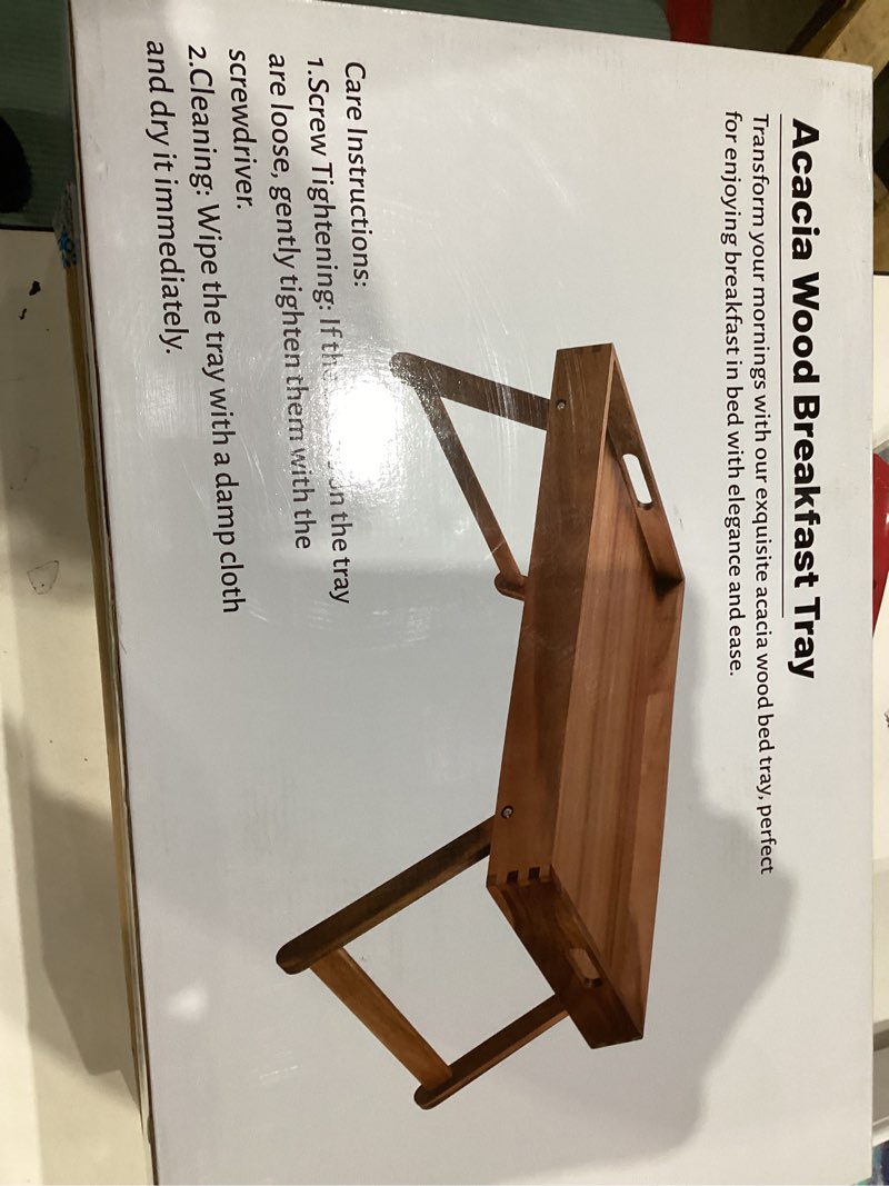 Condition photo showing New/Like New for extra large folding bed tray table, 22’’ x 14’’ acacia wood breakfast tray, food serving tray with legs for eating in bed