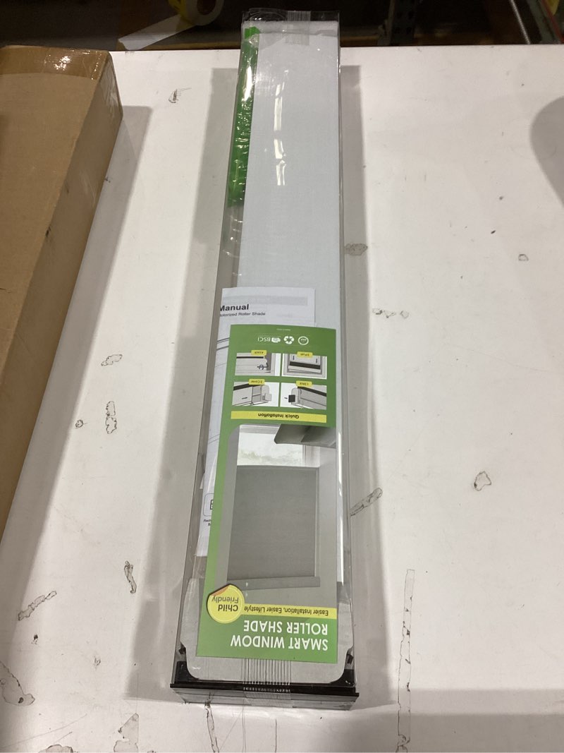 Condition photo showing New/Like New for no drill motorized blinds with remote, blackout automatic blinds with solar panel, cordless smart electric roller shades for windows, white, 22 x 72 white 22"wx72"h