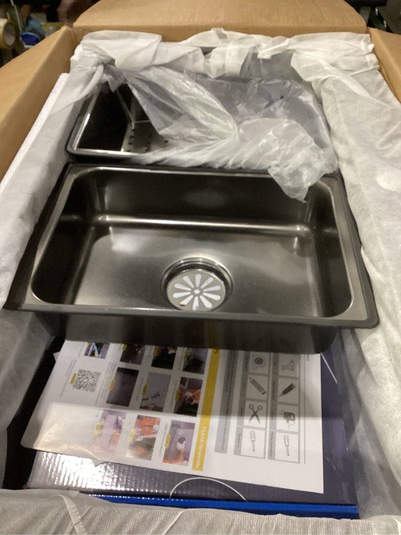 Condition photo showing As Is for 30 x 18 inch kitchen sink, single bowl stainless steel gunmetal black topmount multifunctional drop in sink with pull-down faucet (black, 3018) black 30*18in