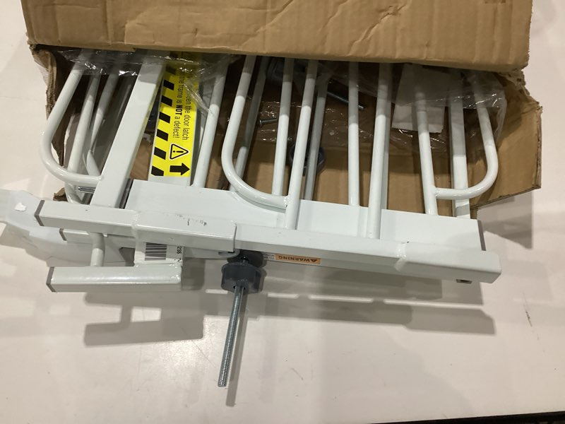 Condition photo showing As Is for regalo safety 29-56" extra wide baby gate for doorways & bottom of stairs, pressure mounted baby gate with door for babies, toddlers & pets, tested & safe for 30 years, american designed and owned white 29-56"w x 30"h