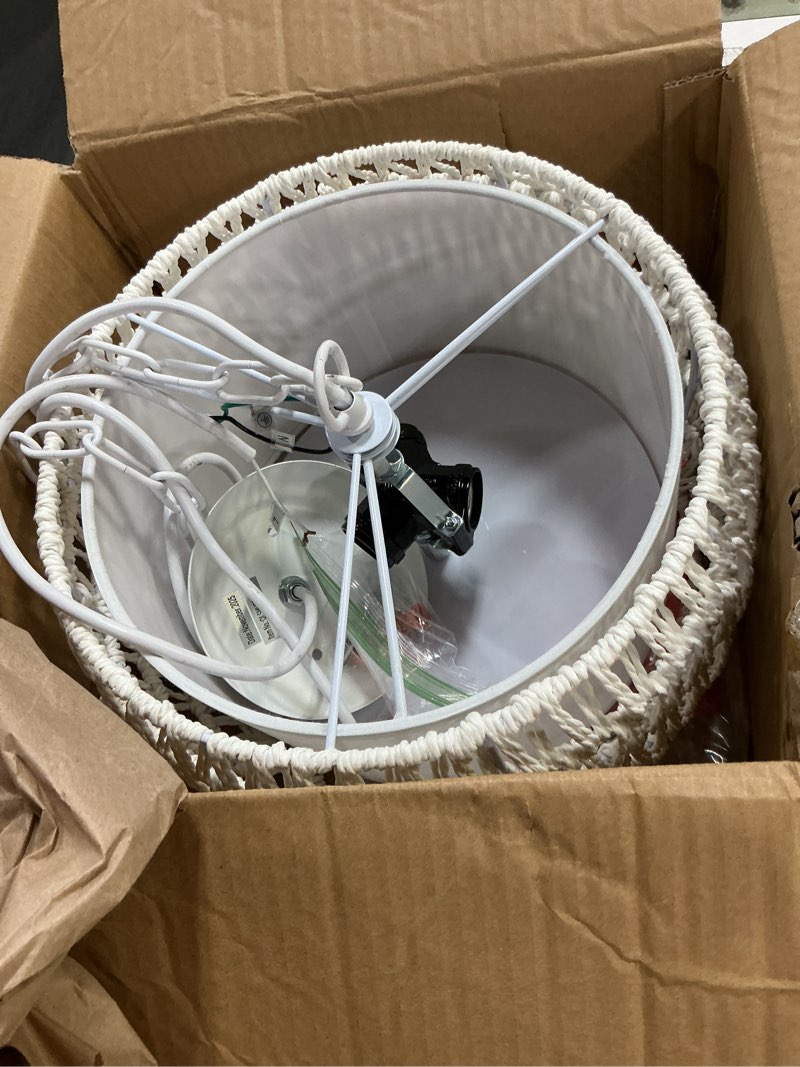 Condition photo showing As Is for wilon 12.4'' 3-light rattan chandelier, farmhouse rustic drum hanging lamp with fabric shade, modern boho pendant light with e26 base over table, woven pendant lighting for kitchen island dining room white