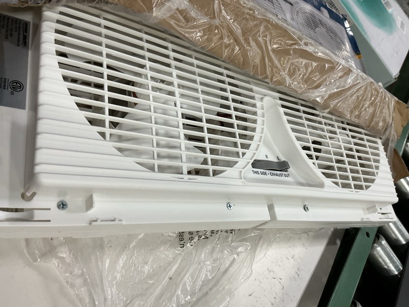 Condition photo showing As Is for seasons comfort twin window fan, reversible airflow control, 9 inch, 2 speeds, expandable, exhaust, dual fan - ideal for home, kitchen, bedroom & office