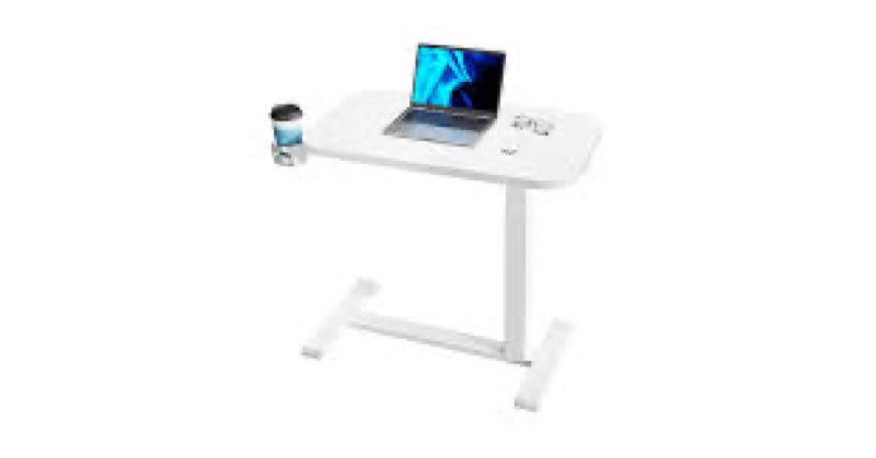 HUANUO Bedside Table with Wheels, Height-Adjustable Rolling Computer Cart, Overbed Table with Cup Ho white