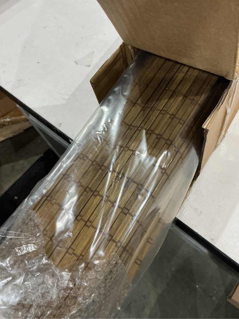 Condition photo showing Good Condition for lazblinds cordless bamboo roman shades, privacy blinds for interior windows, room darkening roll up bamboo blinds for home & patio, 28" w x 64" h, highfield teak pricacy - highfield teak 28" w x 64" h
