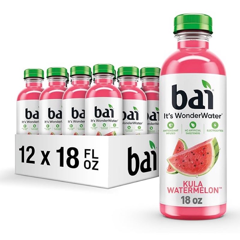 (Best by date 6/25/2025) Bai Flavored Water, Kula Watermelon, Antioxidant Infused Drinks, 18 Fluid Ounce