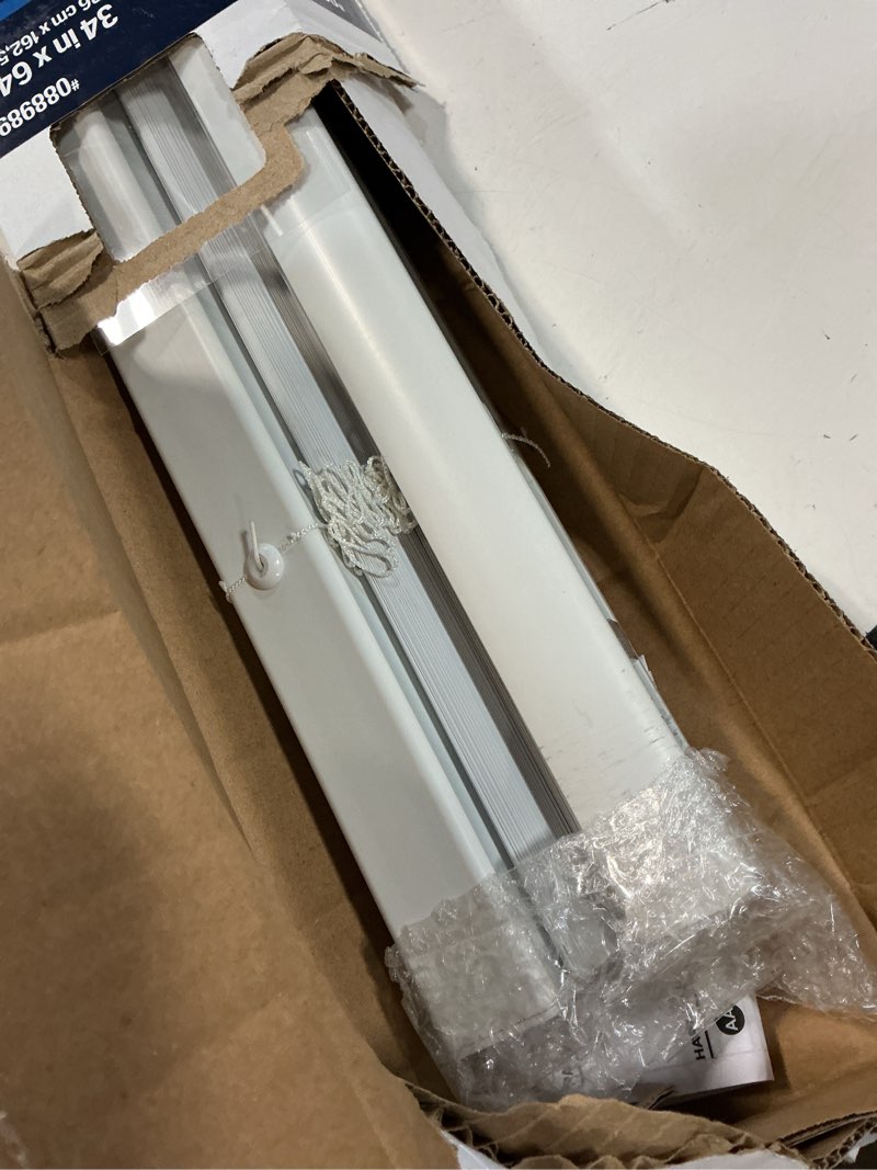 Condition photo showing As Is for project source room darkening 1-in slat width 34-in x 64-in cordless white vinyl room darkening mini-blinds