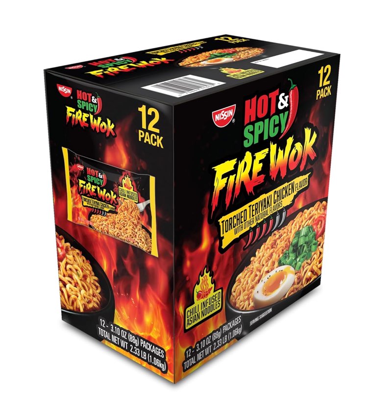 (BBD: 07/2/25) Nissin Fire Wok, Torched Teriyaki Chicken, Hot & Spicy Chile Infused Asian Noodles, 12 Pack