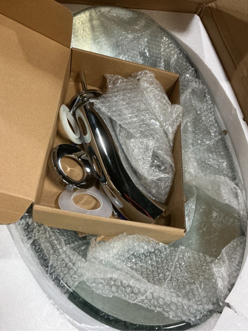 Condition photo showing Good Condition for oval glass vessel sink with faucet and pop-up drain 22x14 inch silver tempered glass bathroom washbasin boat shape design top mount bowl sinks for modern bathrooms vanities