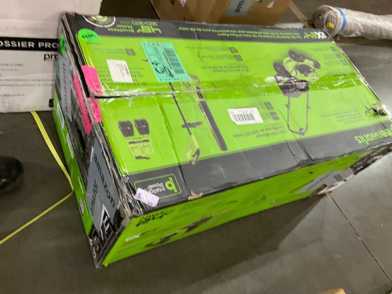 Condition photo showing As Is for greenworks 48v (24v x 2) 20" brushless cordless lawn mower + 12" string trimmer + 320 cfm leaf blower combo kit with (2) 4.0ah batteries & dual port fast charger 20" mower + blower + string trimmer