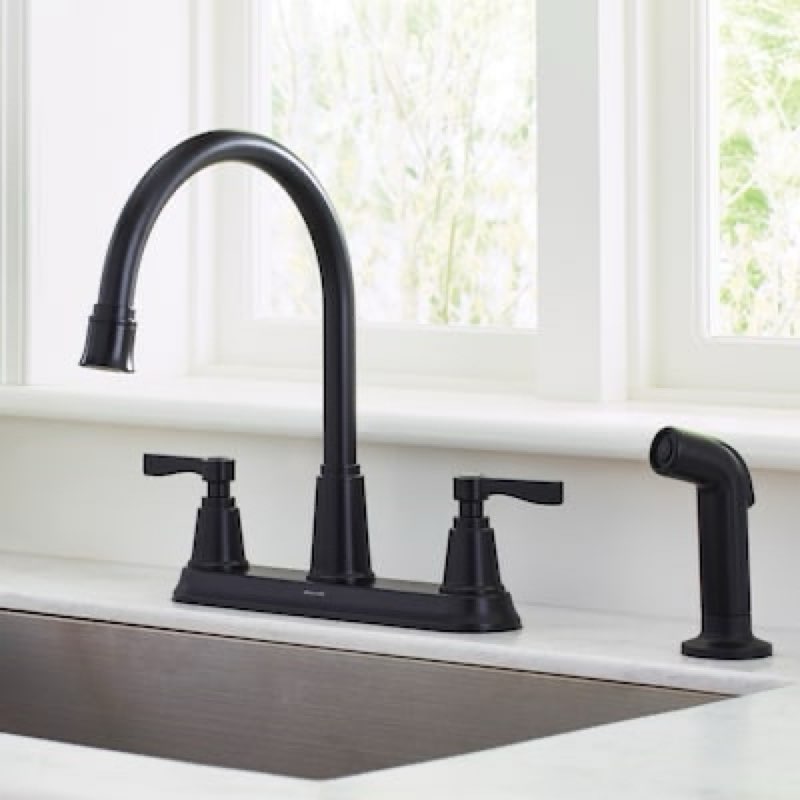 allen + roth townley matte black double handle deck-mount kitchen faucet with sprayer (includes deck plate) (includes side sprayer)