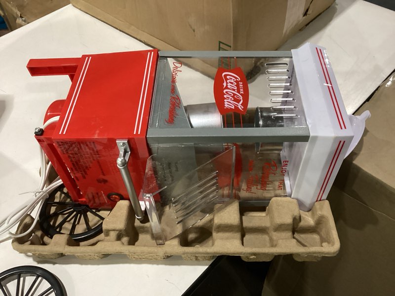 Condition photo showing As Is for nostalgia vintage coca-cola hot-air popcorn maker machine - makes up to 12 cups - oil-free - healthier popcorn - classic stand-up cart with wheels - includes kernel measuring cup - white & red hot air vintage coke red
