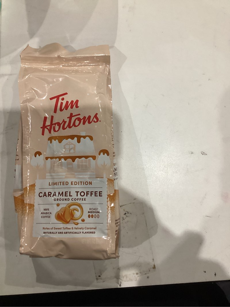 Condition photo showing New/Like New for Tim Hortons 12oz Ground Bag, Caramel Toffee Flavored 100% Arabica Coffee 12 Ounce (Pack of 1)
