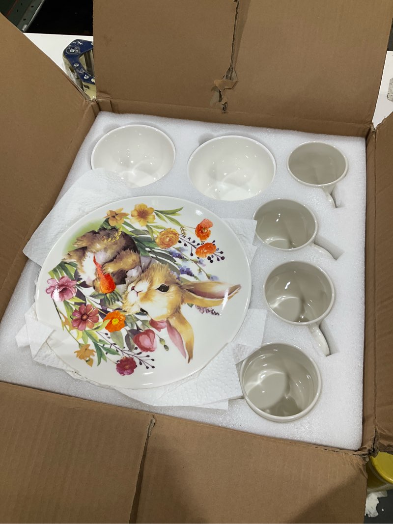 Condition photo showing Good Condition for 16-Piece Ceramic Easter Bunny Dinnerware Set for Four, Floral Design