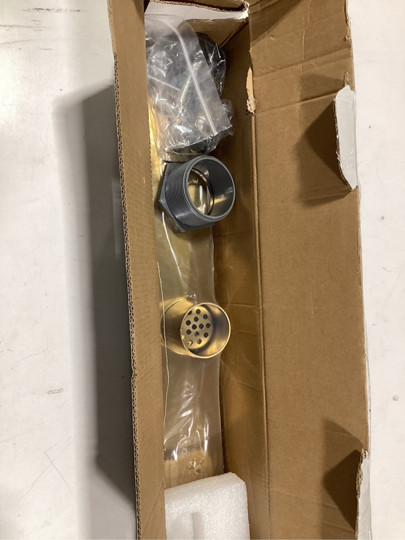 Condition photo showing Good Condition for morefine Linear Shower Drain, 18 inch Gold 304 Stainless Steel Shower Floor Drain with Tile Insert Grate, Adjustable Feet and Hair Filter