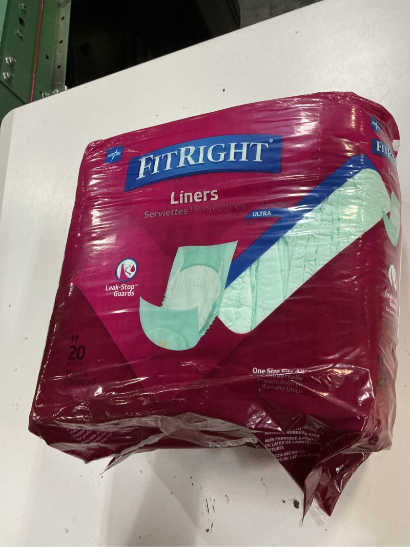 Condition photo showing New/Like New for fitright incontinence liners for adults, maximum absorbency (pack of 20) bag of 20