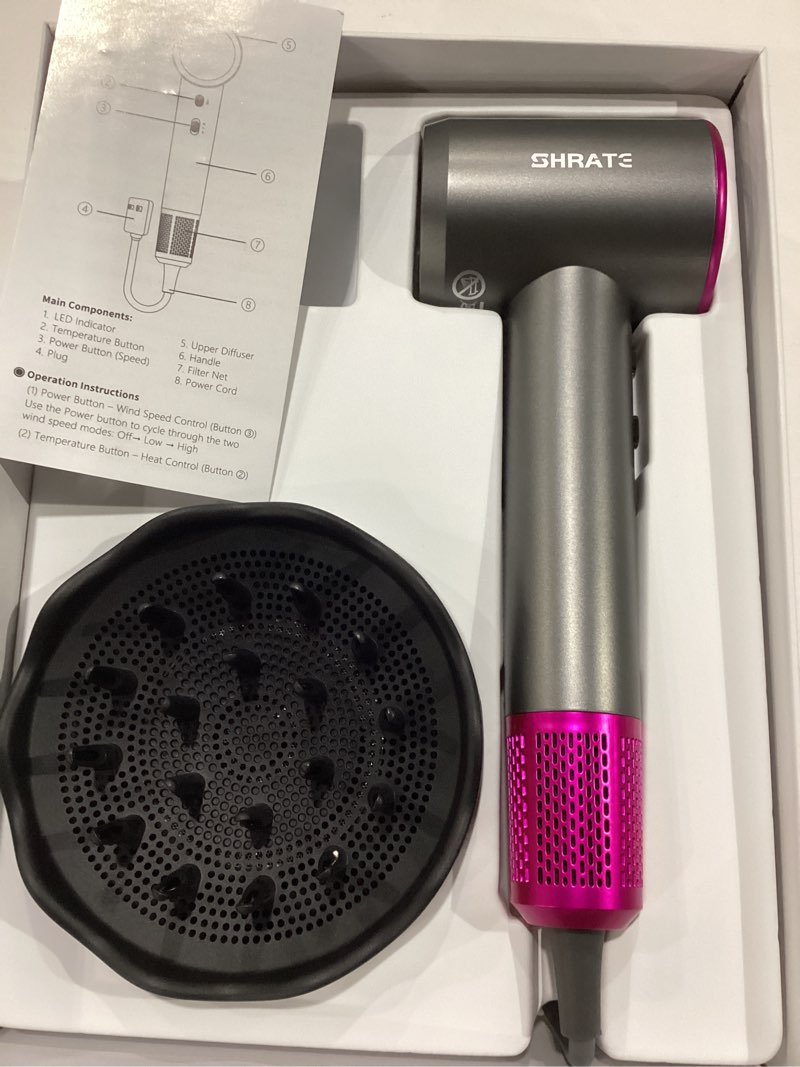 Condition photo showing New/Like New for shrate professional high speed ionic hair dryer | ultra-fast drying | 500 million negative ions | low noise | 160000 rpm | compact blow dryer with magnetic diffuser for faster drying all hair types grey