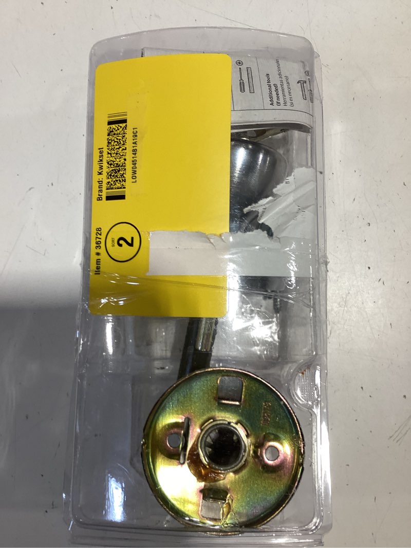 Condition photo showing As Is for kwikset tylo satin chrome bed/bath door knob with lock missing hardware