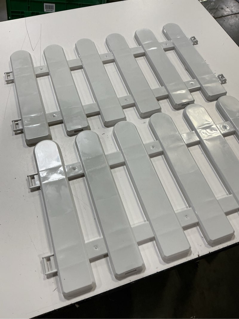 Condition photo showing As Is for toyvian white garden fence, 4pcs plastic decorative border edging | weather resistant landscape divider for flower beds pathways outdoor diy garden and yard decoration