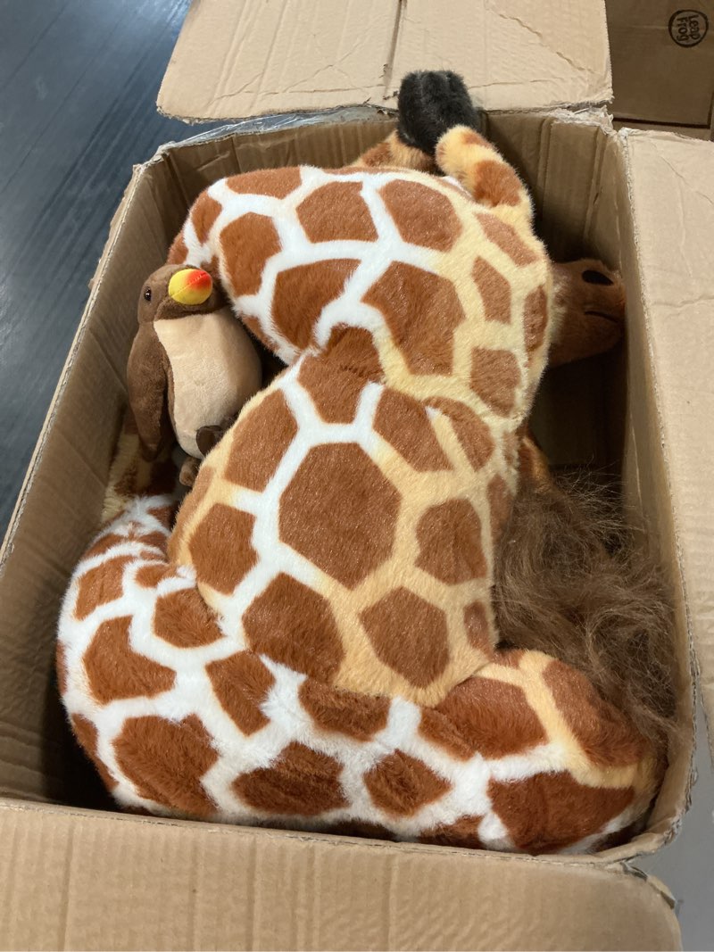 Condition photo showing Good Condition for giant stuffed giraffe animal set, 47 inch large giraffe plush toy for kids with bird & basket & leaves & card, toddler lifelike standing toys stuffed animal for girls boys