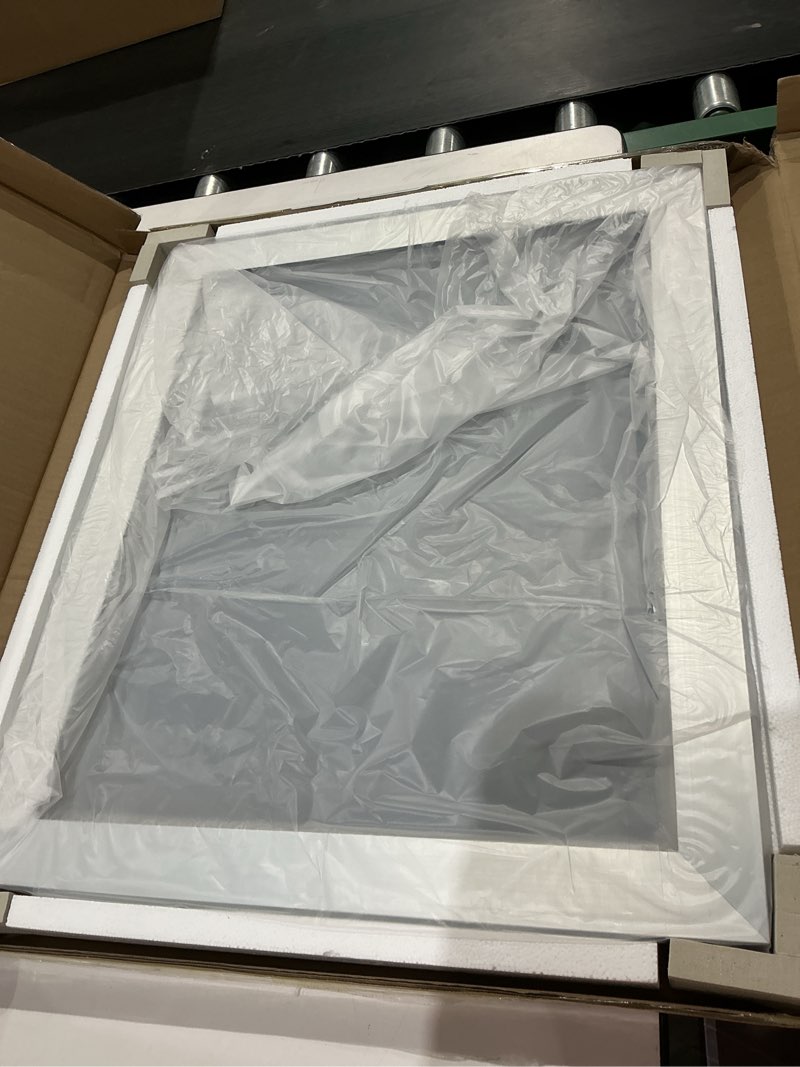 Condition photo showing Good Condition for smiror brushed silver bathroom mirror for over sink, 20”x 24” metal thick framed rectangle vanity mirror for wall, right angle corner, anti-rust, horizontally or vertically mounted silver 24"l x 20"w