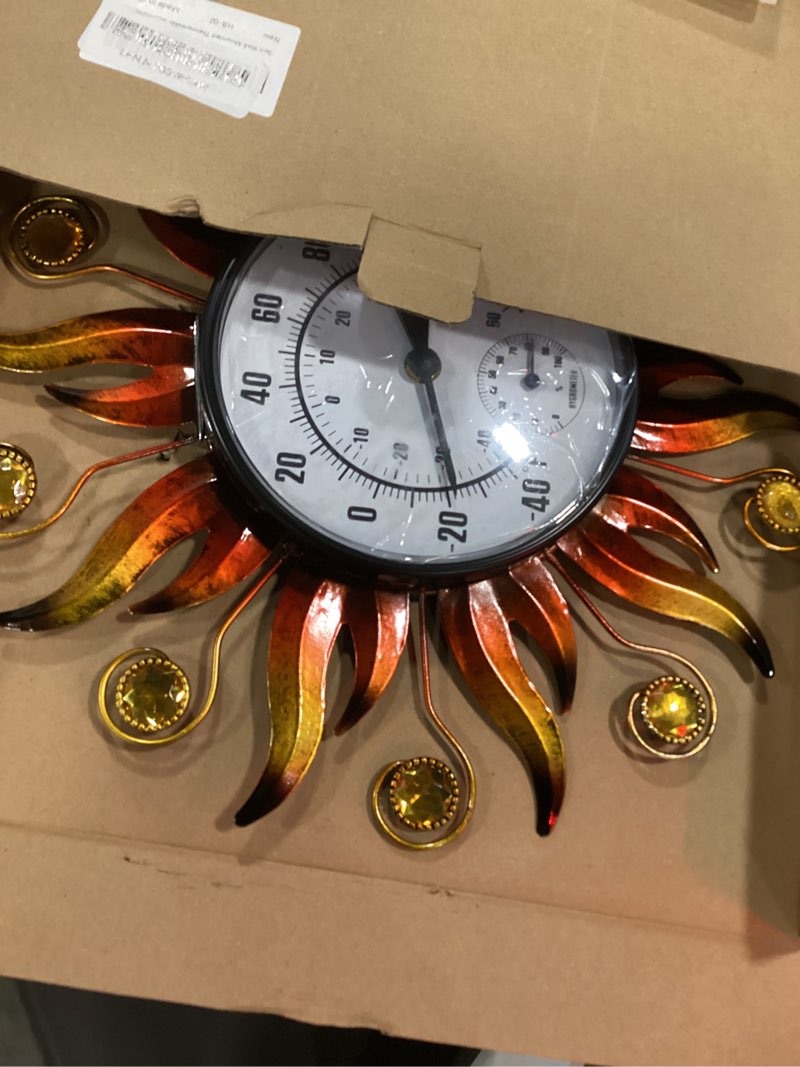 Condition photo showing Good Condition for indoor outdoor thermometer, sun wall-mounted thermometer with humidity, easy to read decorative outside thermometer for patio, garden, no require batteries orange