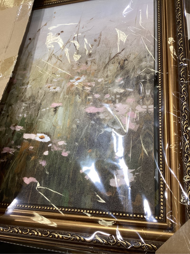 Condition photo showing As Is for ASTRDECOR Vintage Gold Framed Canvas Wall Art, Farmhouse Wall Decor Wildflower Field Landscape Oil Painting, Neutral Pink Spring Scenery Pictures Wall Decor, Vintage Artwork for Wall - 20"x30" 30"L x 20"W Wildflower Field