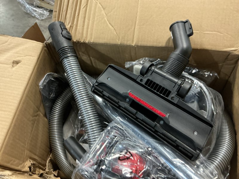 Condition photo showing As Is for aspiron canister vacuum, upgraded 1600w bagless canister vacuum cleaner, auto cord rewind, h13 hepa filter, 4qt large capacity, 5 tools for hard floors, carpet, pet, upholstery, tiles, tangerine