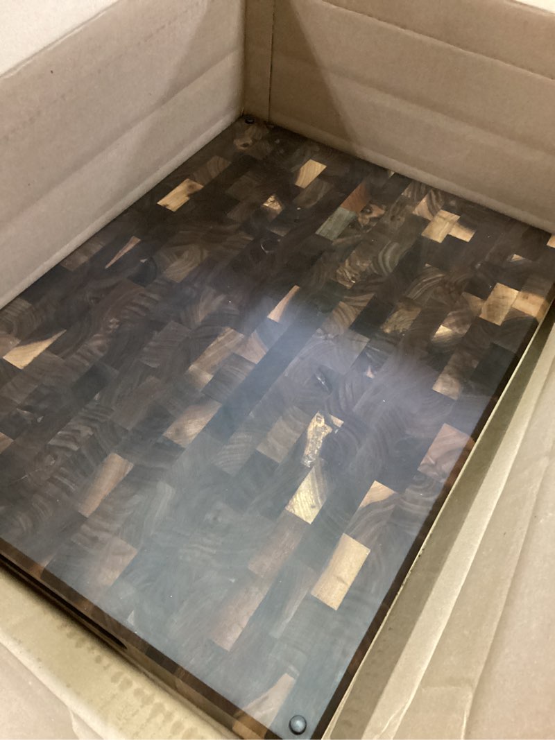 Condition photo showing As Is for American Black Walnut Wood Cutting Board 20"x15"x2"(Large and Thick) for Kitchen with Juice Groove, Inner Handles, End Grain Butcher Block Finished with Linseed Oil, Beeswax, Lemon Oil, Giftbox