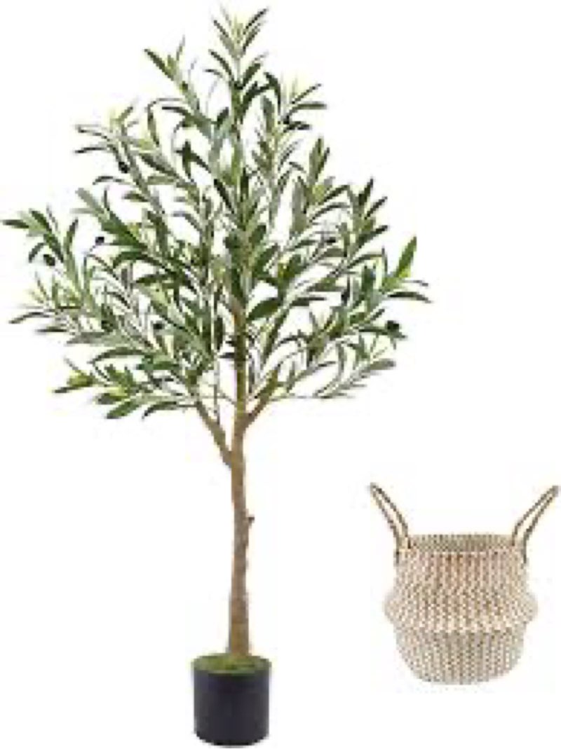 warmplants artificial olive tree, 4ft tall fake olive leaves plant with basket, indoor outdoor faux 