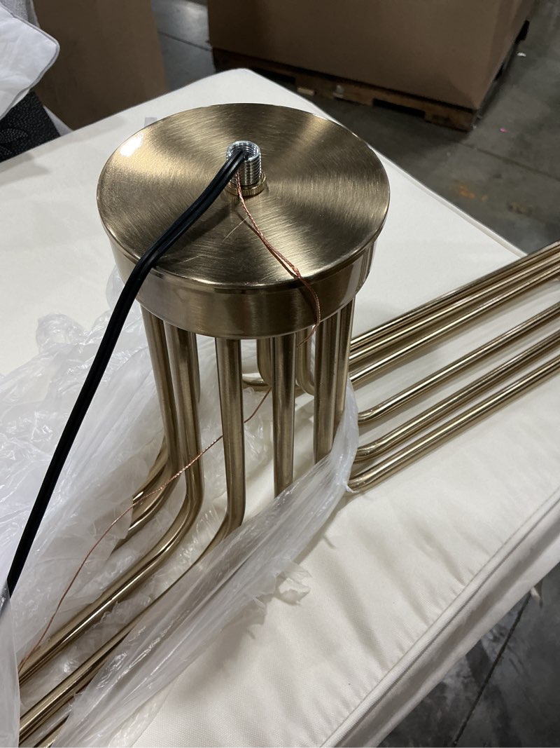 Condition photo showing As Is for yunnix 12-light champagne bronze chandelier, 35" extra large modern gold chandelier - brushed honey bronze hanging fixture - champagne gold chandelier for dining room, kitchen island, hall, foyer 35inch 12-light(2026 upgraded version) champagne bronze