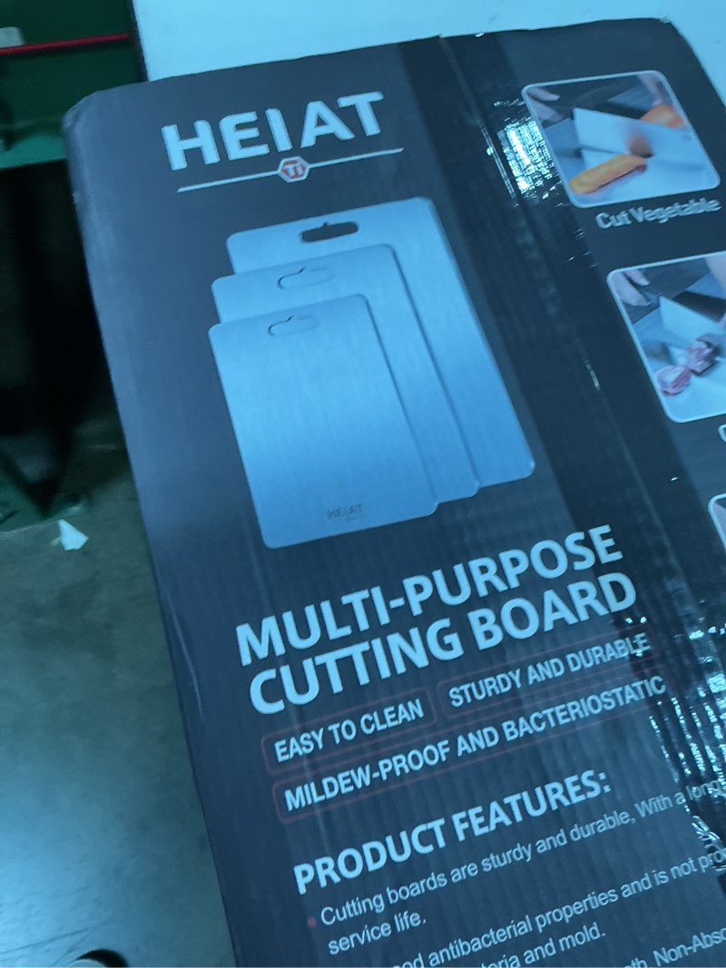 Condition photo showing New/Like New for titanium cutting board set of 3, 100% pure titanium cutting boards for kitchen, non-toxic, double-sided chopping boards for raw & cooked food, handles included, dishwasher safe(m+l+xl) 16"l x 10"w(m+l+xl)