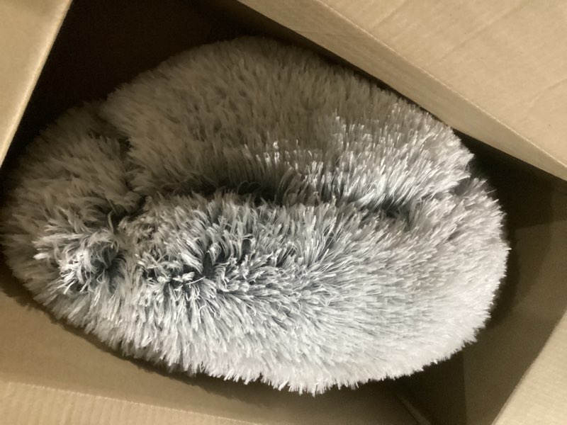 Condition photo showing Good Condition for cat beds for indoor cats - cat bed washable 20/24 inches, dog beds for small medium dogs, anti anxiety round fluffy plush faux fur cat bed, thick bottom (cornflower blue, medium) cornflower blue medium
