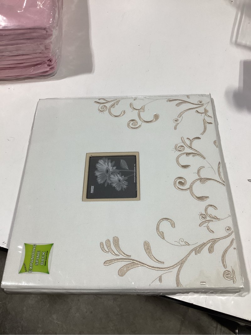 Condition photo showing As Is for pioneer 12" x 12" scroll embroidery fabric postbound memorybook with window, ivory