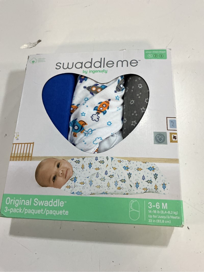 Condition photo showing Good Condition for SwaddleMe by Ingenuity Original Swaddle, 100% Cotton, Improves Sleep & Calms Startle Reflex, 3-6 Months, 1.0 TOG, 3-Pack, Baby Swaddle Blanket - Superstar Blue/Gray/White Large (Pack of 3)