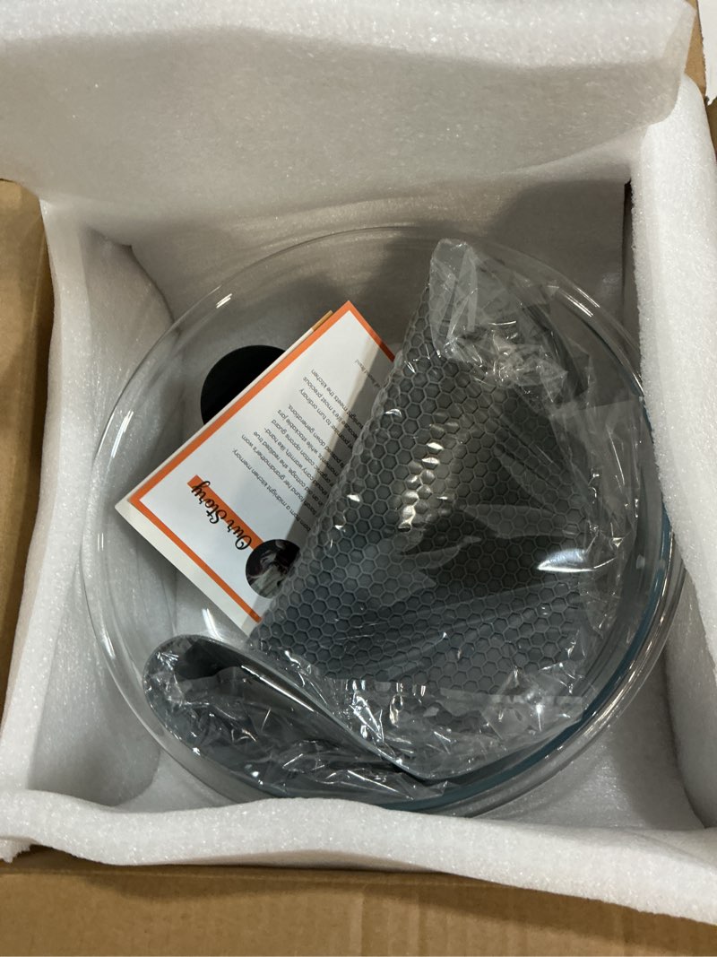 Condition photo showing New/Like New for 2 in 1, glass microwave splatter cover for food & microwave place mat, plate splatter guard lid with easy grip silicone handle knob, borosilicate glass with vent hole, food grade, no plastic, 10in