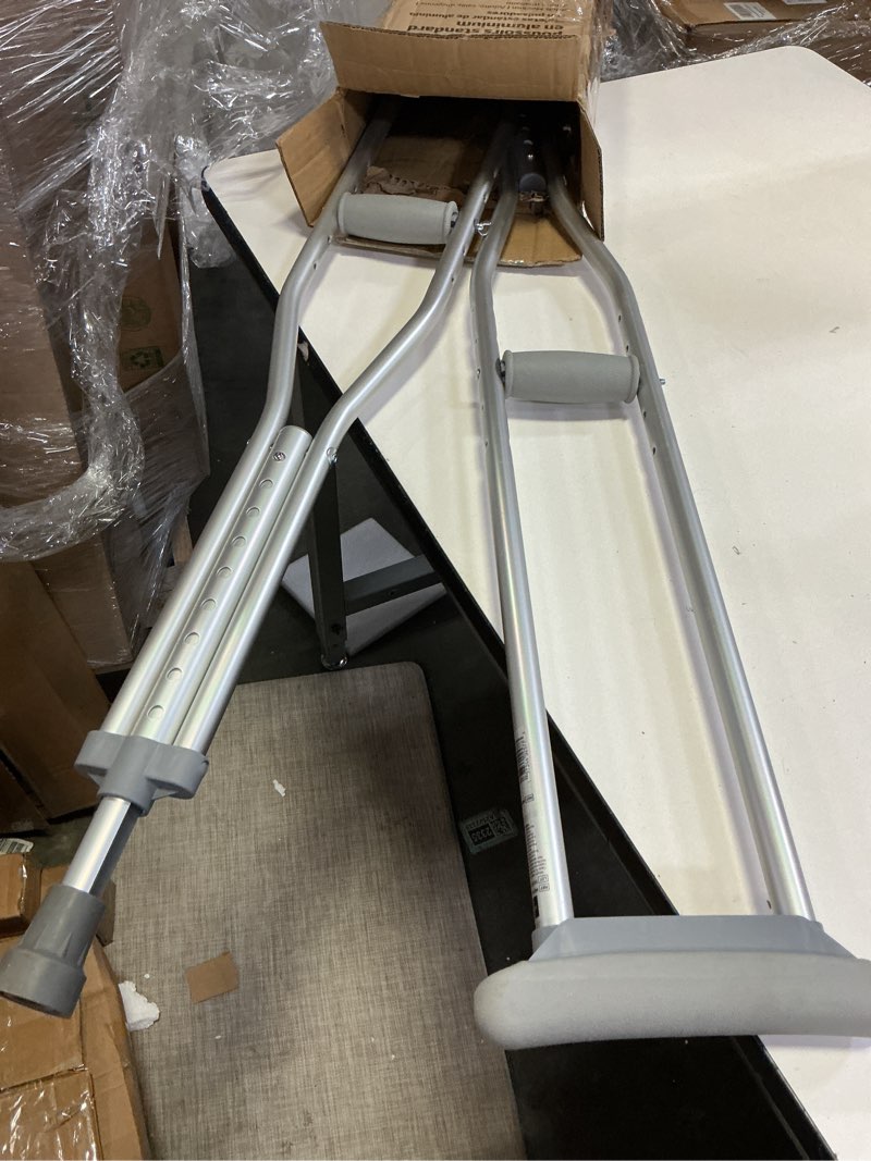 Condition photo showing As Is for medline aluminum crutches for kids, adults & seniors, walking aid, 300 lb weight capacity,1 pair, fitting 5'2" - 5'10" medium, 5'2"-5'10"