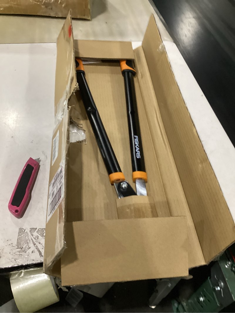 Condition photo showing As Is for fiskars 28-inch power-lever garden bypass lopper and tree trimmer, sharp precision-ground steel blade for cutting branches up to 1.75-inch diameter